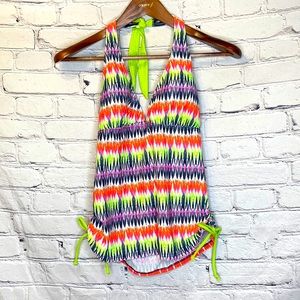 Since Neon Green Orange Black Halter Tie Tankini Swimsuit Top Size XL
